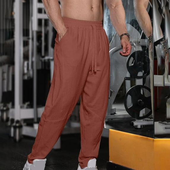 Juslio Linen Pants Mens Work Pants Straight Leg With Pockets Solid Color Drawstring Elastic Waist Casual Work Beach