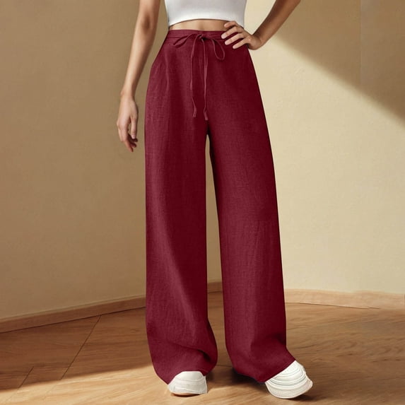 Juslio Linen Pants Women Plus Size Pants Loose Comfy Elastic Waist Casual Work With Pockets Solid Color Drawstring Beach