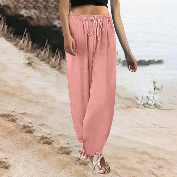 Juslio Linen Pants Women Plus Size Pants Loose Comfy With Pockets Solid Color Drawstring Elastic Waist Casual Work Beach