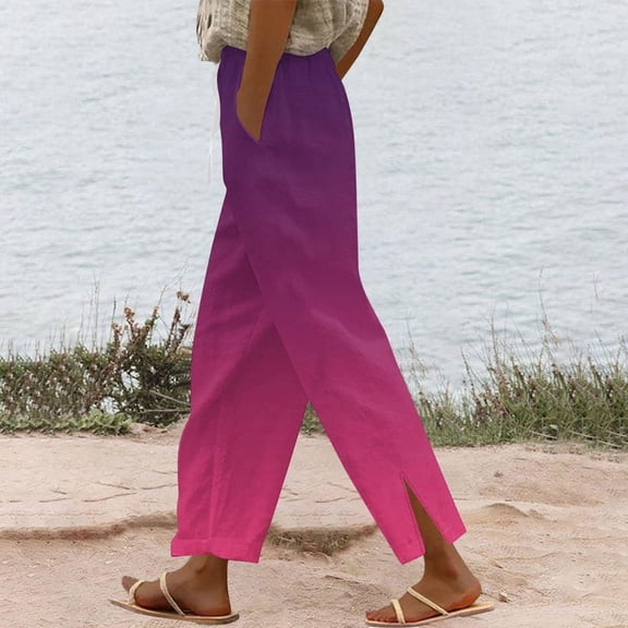 Juslio Linen Pants Women Plus Size Pants Straight Leg Elastic Waist Casual Linen With Pockets Solid Color Drawstring Beach