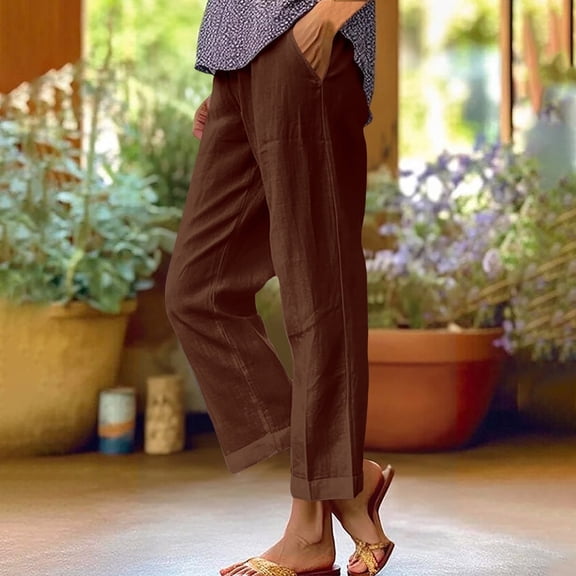 Juslio Linen Pants Women Plus Size Pants Straight Leg Linen With Pockets Solid Color Drawstring Elastic Waist Casual Beach