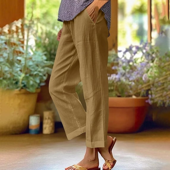 Juslio Linen Pants Women Plus Size Pants for Women Straight Leg Casual Linen With Pockets Solid Color Drawstring Elastic Waist Beach
