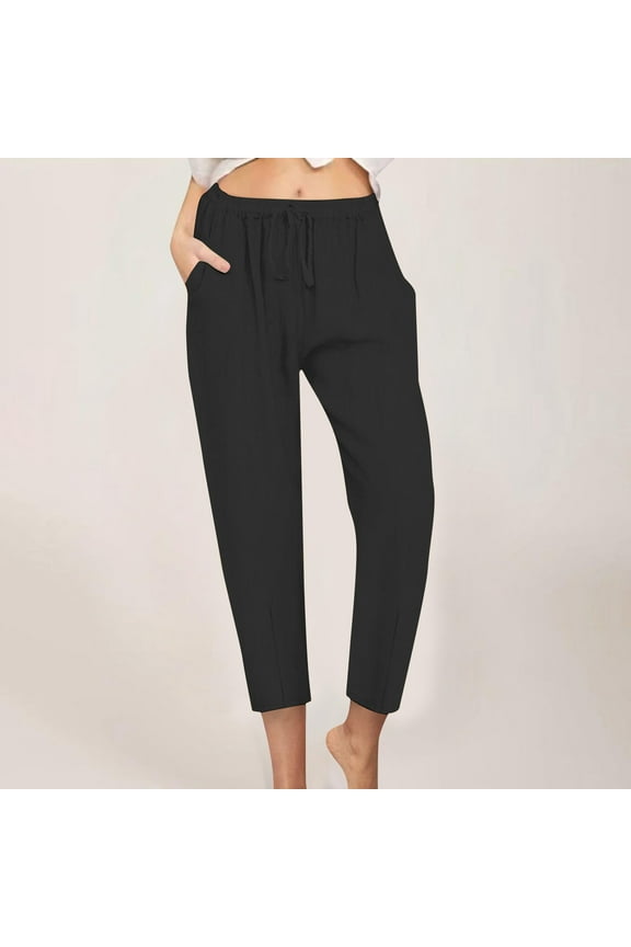 Juslio Linen Pants Women Casual with Pockets Drawstring Linen High Waist Taper Pants M