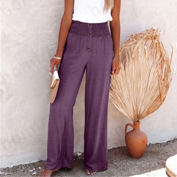 Juslio Linen Pants Women Elastic Waist Button Linen High Waist,Plus Size Wide Leg Pants 3XL