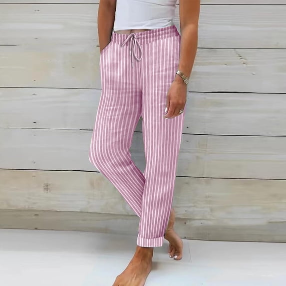 Juslio Linen Pants Women Elastic Waist Drawstring Linen High Waist Casual Straight Leg Pants 2XL