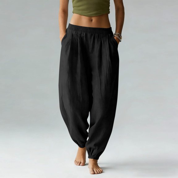 Juslio Linen Pants Women Elastic Waist with Pockets Linen High Waist Casual Pleated Joggers Pants XL