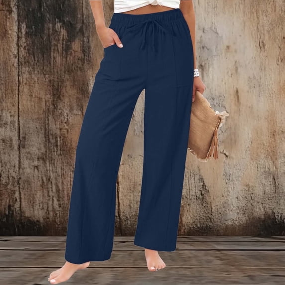 Juslio Linen Pants Women High Waist Loose Elastic Waist with Pockets Drawstring Comfortable Straight Pants