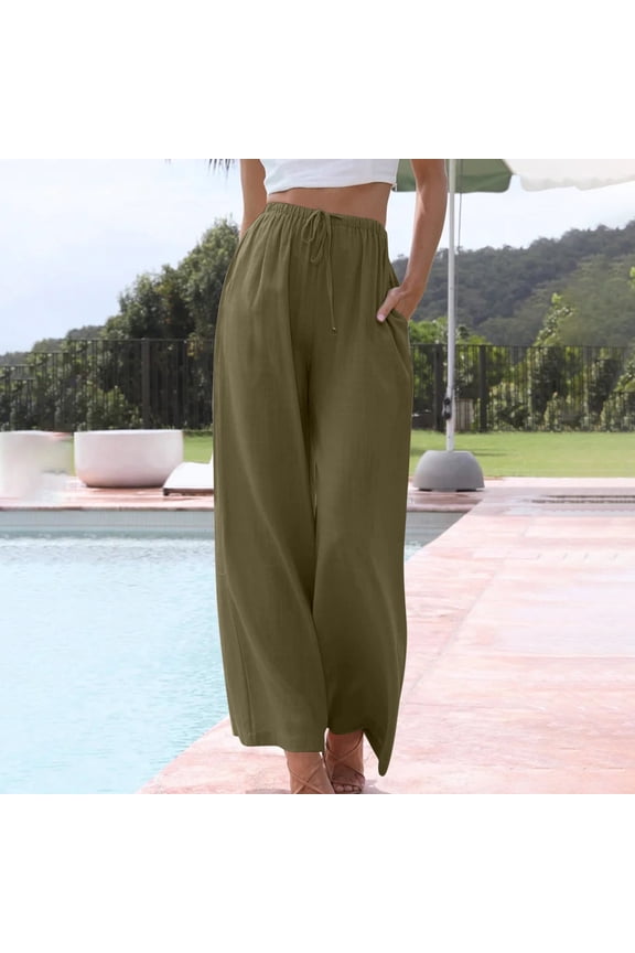 Linen Pants Women High Waist Solid Elastic Waist Casual Linen Wide Leg Pants L