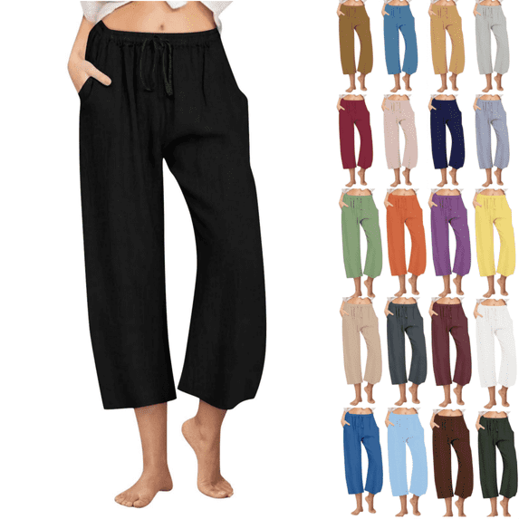 Juslio Linen Pants Women Ladies Capris Linen With Pockets Solid Color Drawstring Elastic Waist Casual Beach