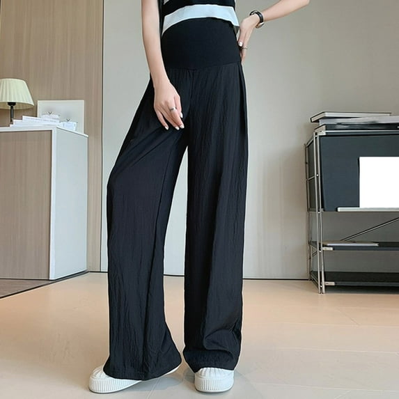 Juslio Linen Pants Women Maternity Pants Wide leg Work With Pockets Solid Color Drawstring Elastic Waist Casual Beach
