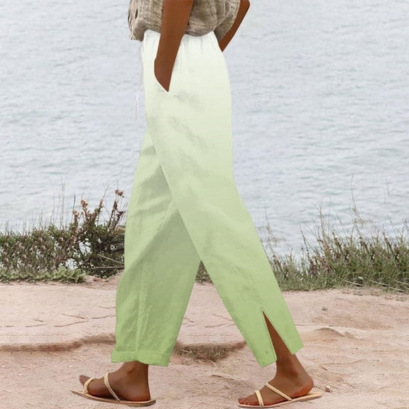Juslio Linen Pants Women Pants for Women Straight Leg Solid Color Drawstring Elastic Waist Casual Linen With Pockets Beach