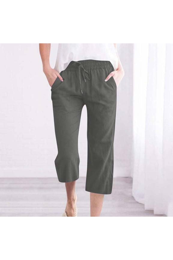 Juslio Linen Pants Women Women Pants Ladies Capris Elastic Waist Casual Work With Pockets Solid Color Drawstring Beach