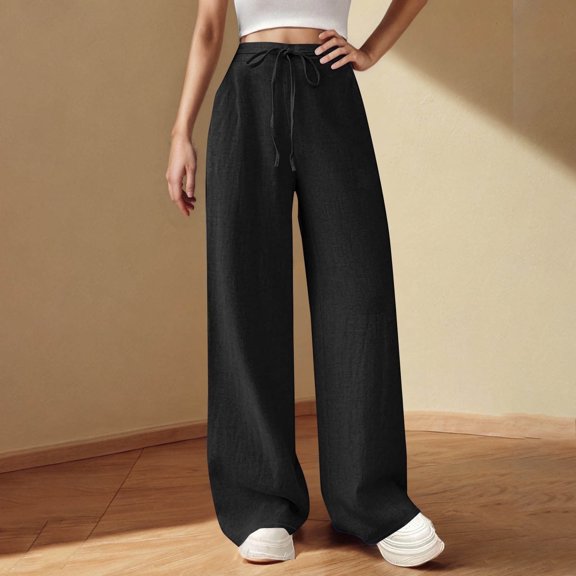 Juslio Linen Pants Women Women Pants Loose Comfy Work With Pockets Solid Color Drawstring Elastic Waist Casual Beach
