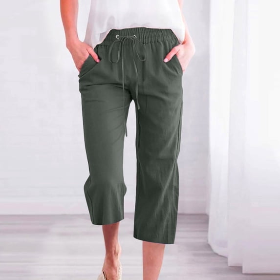 Juslio Linen Pants Women Women Pants Straight Leg Work With Pockets Solid Color Drawstring Elastic Waist Casual Plus Size Capris
