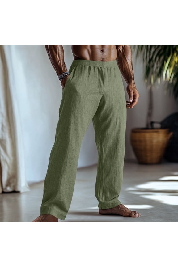 Linen Pants Work Pants for Men Wide leg Elastic Waist Casual Work With Pockets Solid Color Drawstring Beach