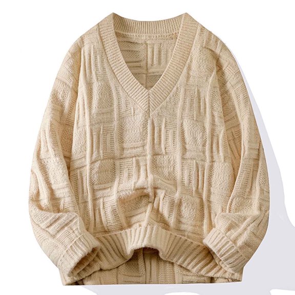 Juslio Men Sweaters Pullovers Sweaters Solid V Neck Long Sleeve Fashion Beige