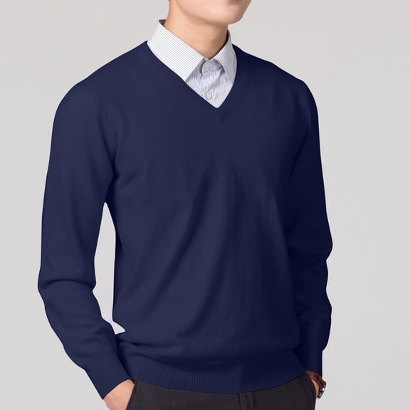 Juslio Men Sweaters Pullovers Sweaters Solid V Neck Long Sleeve Fashion Navy