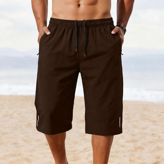 CIAKGIAF Mens Capris Sporty Casual, Drawstring Elastic Waist with Pockets 7/8 Length Pants Brown XL