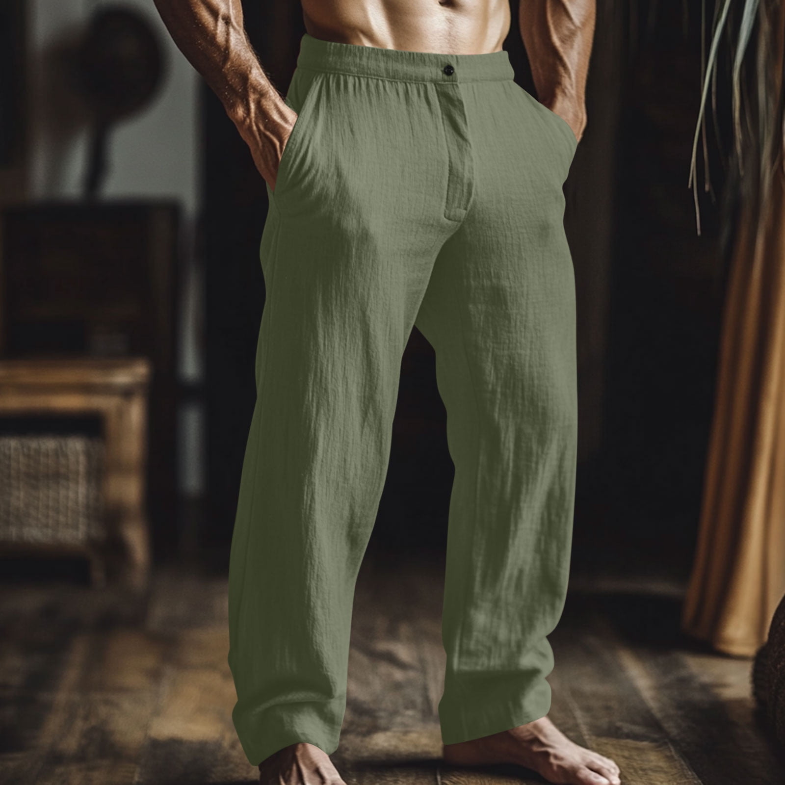 Libin Men's Lightweight Linen-Like Pants - Summer Casual Beach Lounge Travel Trousers