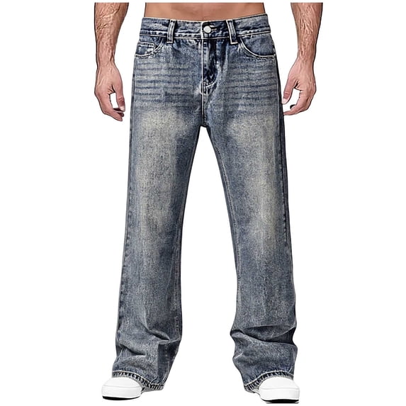 Juslio Mens Denim Straight Jeans Pocket Plus Size High Waist Blue Jeans
