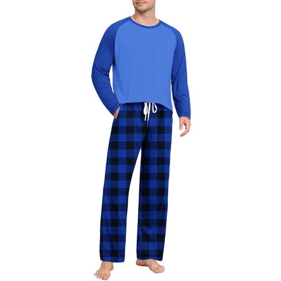 Juslio Mens Pajama Sets Color Block Crewneck Homewear Long Sleeve Shirts and Plaid Pants 2-Piece Matching Pajamas Sets L