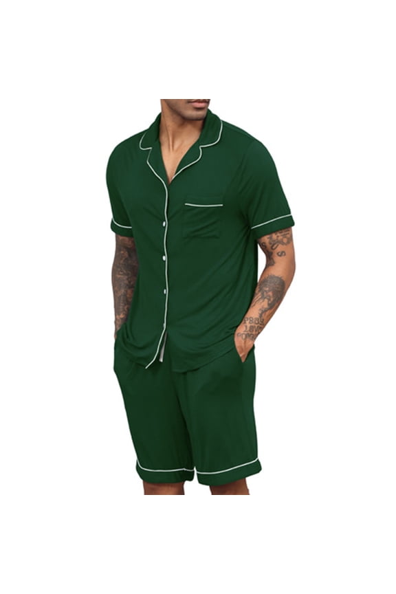 Mens Pajama Sets Short Sleeve Homewear Solid with Pockets Tops and Shorts Fashion 2 Piece Matching Pajamas Sets L