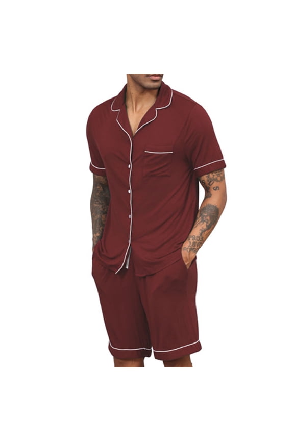 Mens Pajama Sets Short Sleeve Homewear Solid with Pockets Tops and Shorts Fashion 2 Piece Matching Pajamas Sets S