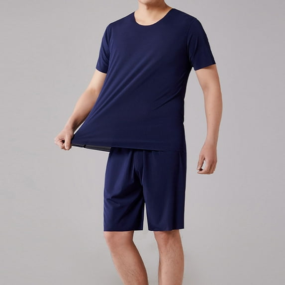 Juslio Mens Pajama Sets Silk Homewear Solid Crewneck Tops and Elastic Waist Shorts Fashion 2 Piece Matching Pajamas Sets L