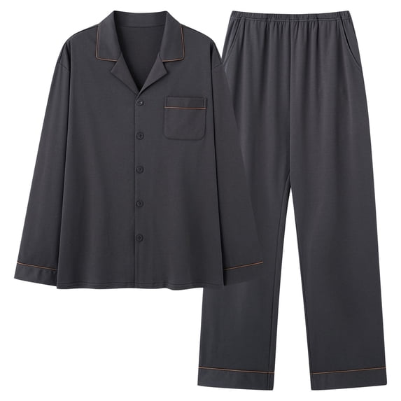 Juslio Mens Pajamas Button Collar with Pockets Plus Size Long Sleeve Tops and Pants 2-Piece Matching Pajamas Sets L