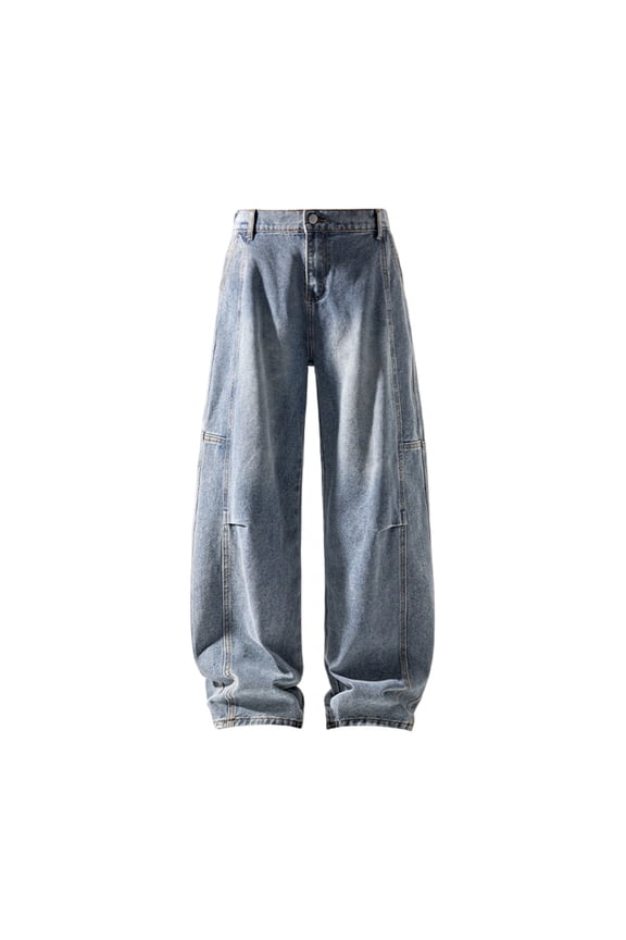 Mens Patchwork Straight Jeans High Waist Pocket Casual Blue Jeans Pants