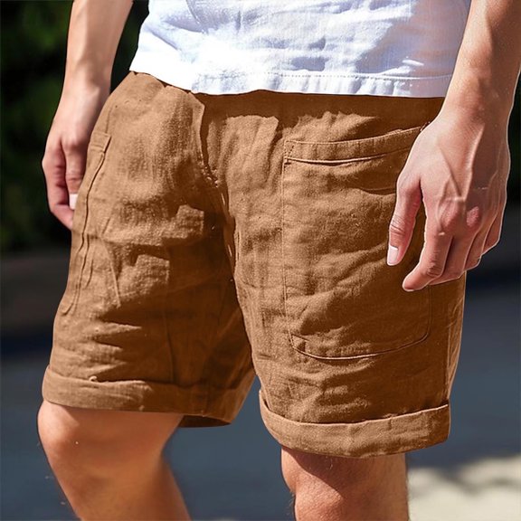 Juslio Mens Shorts Zipper Pockets Loose Comfy Cotton Linen Buttons Casual Cargo Shorts for Men