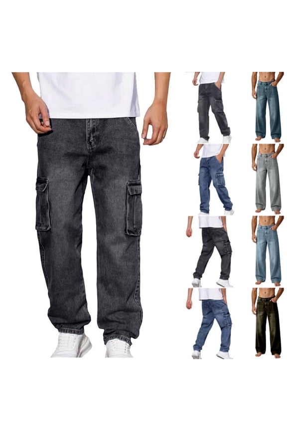 Mens Straight Cargo Jeans Casual High Waist Multiple Pocket Black Jeans