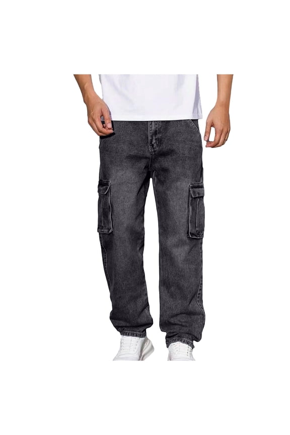 Mens Straight Cargo Jeans Casual High Waist Multiple Pocket Black Jeans