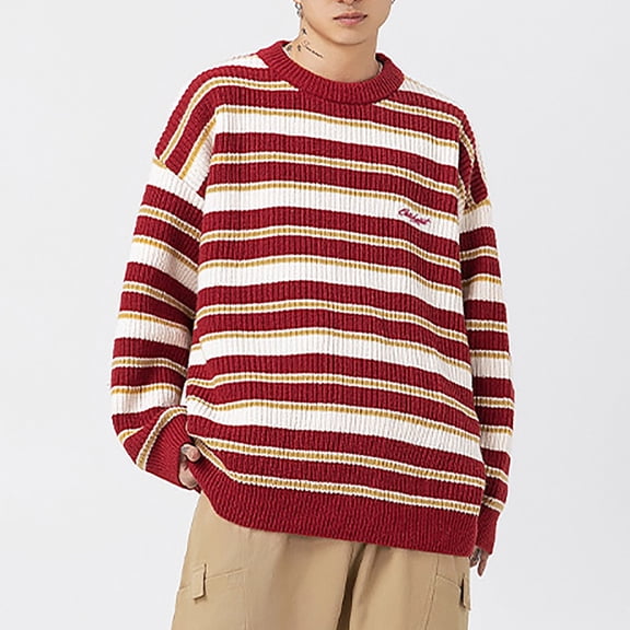 Juslio Mens Sweaters Pullovers Sweaters Striped Crew Neck Long Sleeve Thickened Red
