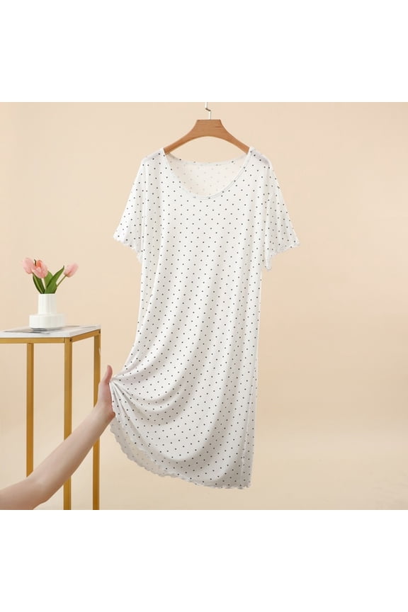 Nightgowns for Women Loose Polka Dot Printed Homewear Dress Round Neck Sleep Loungewear Ruffle Hem Nightgown White XXL