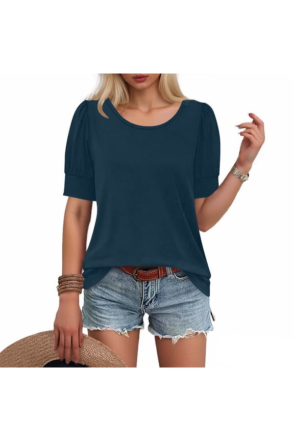 Ornamental Buckle Blouses for Women Short Sleeve Casual Solid Color Crewneck Shirts Tops XL