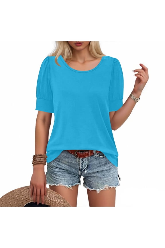 Ornamental Buckle Womens Blouses Short Sleeve Casual Solid Color Crewneck Shirts Tops XXL