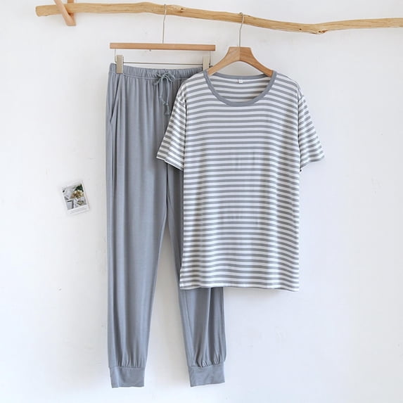 Juslio Pajamas for Men Short Sleeve Fashion Plus Size Crewneck Tops and Pants Homewear 2 Piece Matching Pajamas Sets 3XL