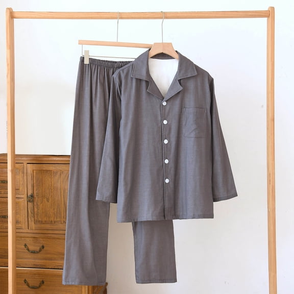 Juslio Pajamas for Men Solid Collar Homewear Long Sleeve Tops and Loose Pants 2-Piece Matching Pajamas Sets XL