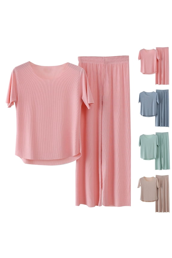 Pajamas for Women Ice Silk Homewear Short Sleeve Tops and Pants Fashion 2 Piece Matching Pajamas Sets L