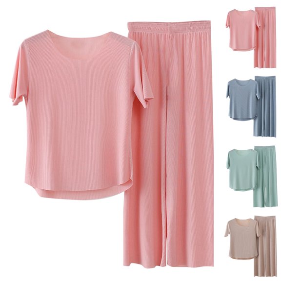 Juslio Pajamas for Women Ice Silk Homewear Short Sleeve Tops and Pants Fashion 2 Piece Matching Pajamas Sets L