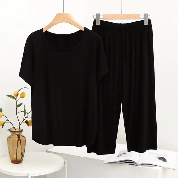 Juslio Pajamas for Women Solid Casual Homewear Modal Tops and Capris Fashion 2 Piece Matching Pajamas Sets L