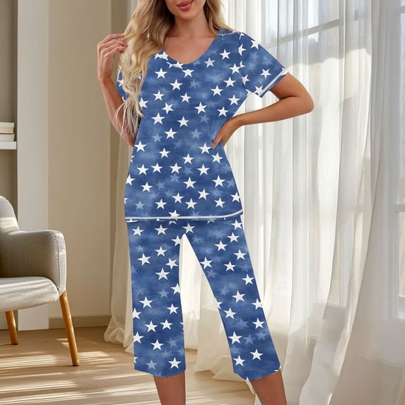 Juslio Pajamas for Women with Pockets Homewear Print V-Neck Tops and Elastic Waist Capris Fashion 2 Piece Matching Pajamas Sets L