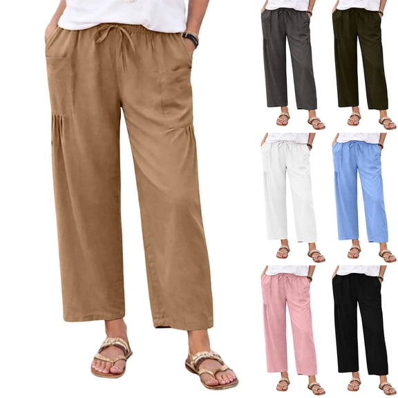Juslio Pants for Women Casual Breathable Straight Pants, with Pockets Linen Drawstring Pants Brown M