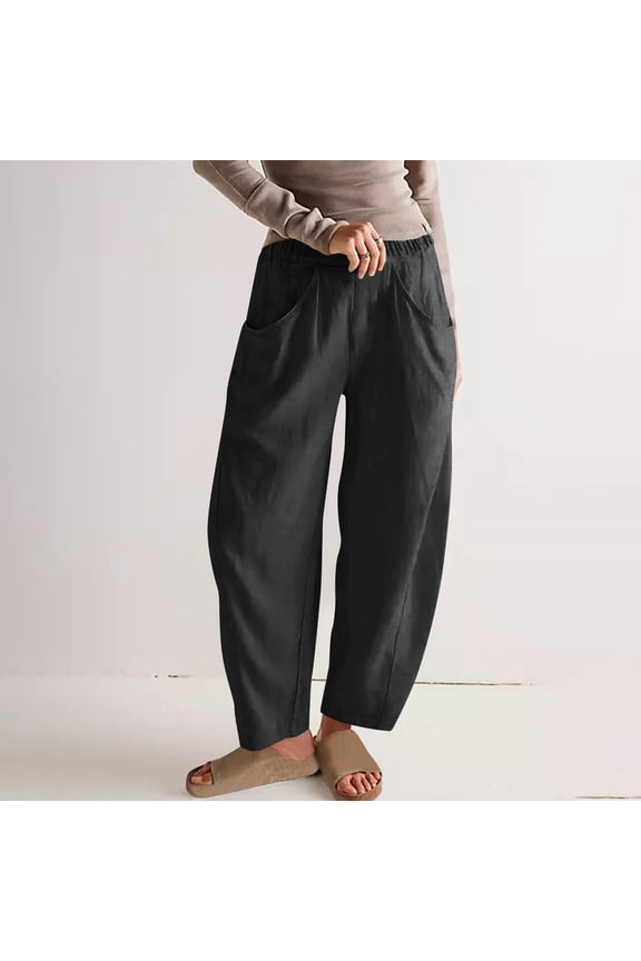Pants for Women Casual Drawstring Elastic Waist Linen High Waist Straight Leg Pants XL