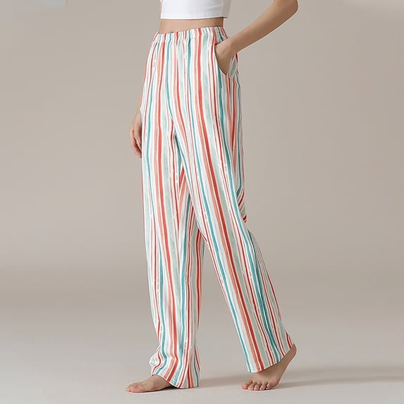 Juslio Pants for Women Casual Side Opening Elastic Waist Cotton High Waist,Striped with Pockets Sweat Pants L