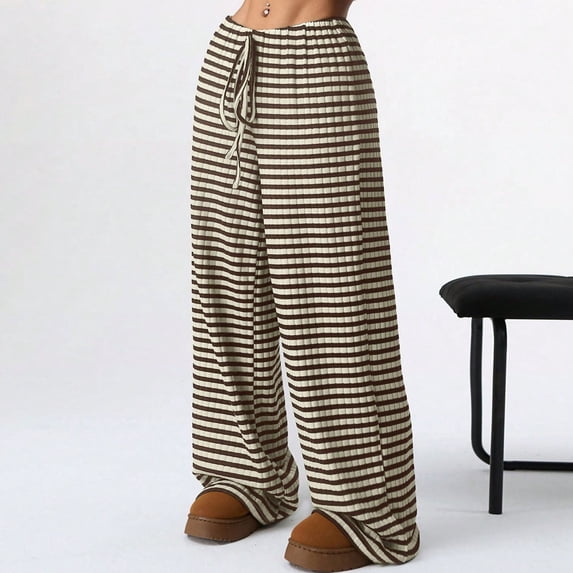 Juslio Pants for Women Casual Striped Elastic Waist Cotton,High Waist Straight Leg Pants 2XL
