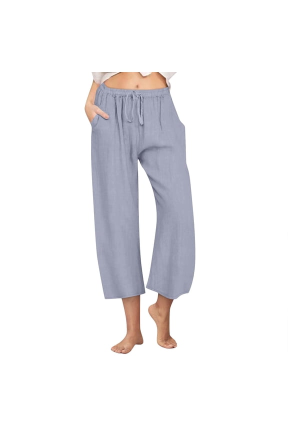 Capris Linen Pants Women Elastic Waist Drawstring Wide Leg Capris Loose Linen Capris