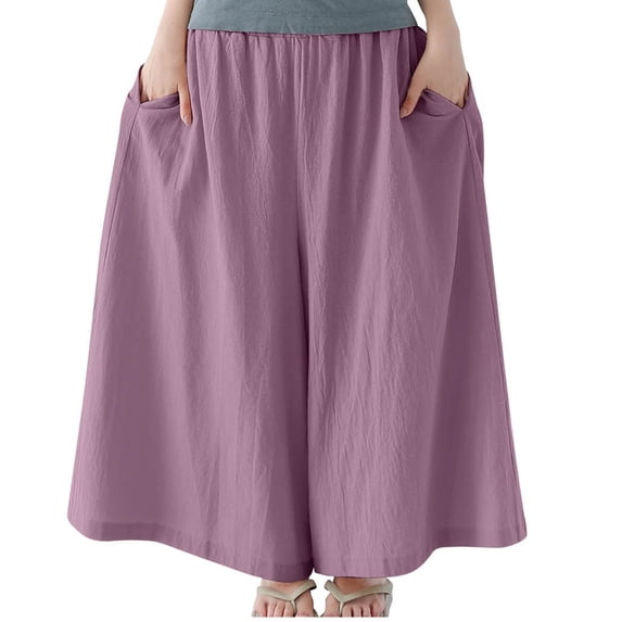 Juslio Pants for Women Elastic Waist Culottes Linen High Waist,Casual Wide Leg Pants Free Size
