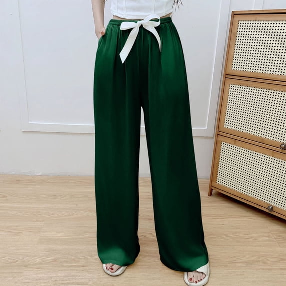 Juslio Pants for Women Elastic Waist with Pockets Cotton High Waist,Casual Wide Leg Pants Free Size